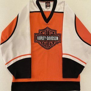 Vintage Harley Davidson Hockey Jersey Orange Shield Logo Fred Deeley Sz Large